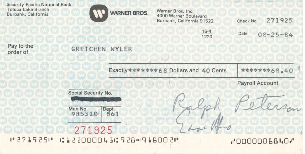 Gretchen Wyler. Private Benjamin. Signed WB payroll check endorsed on verso