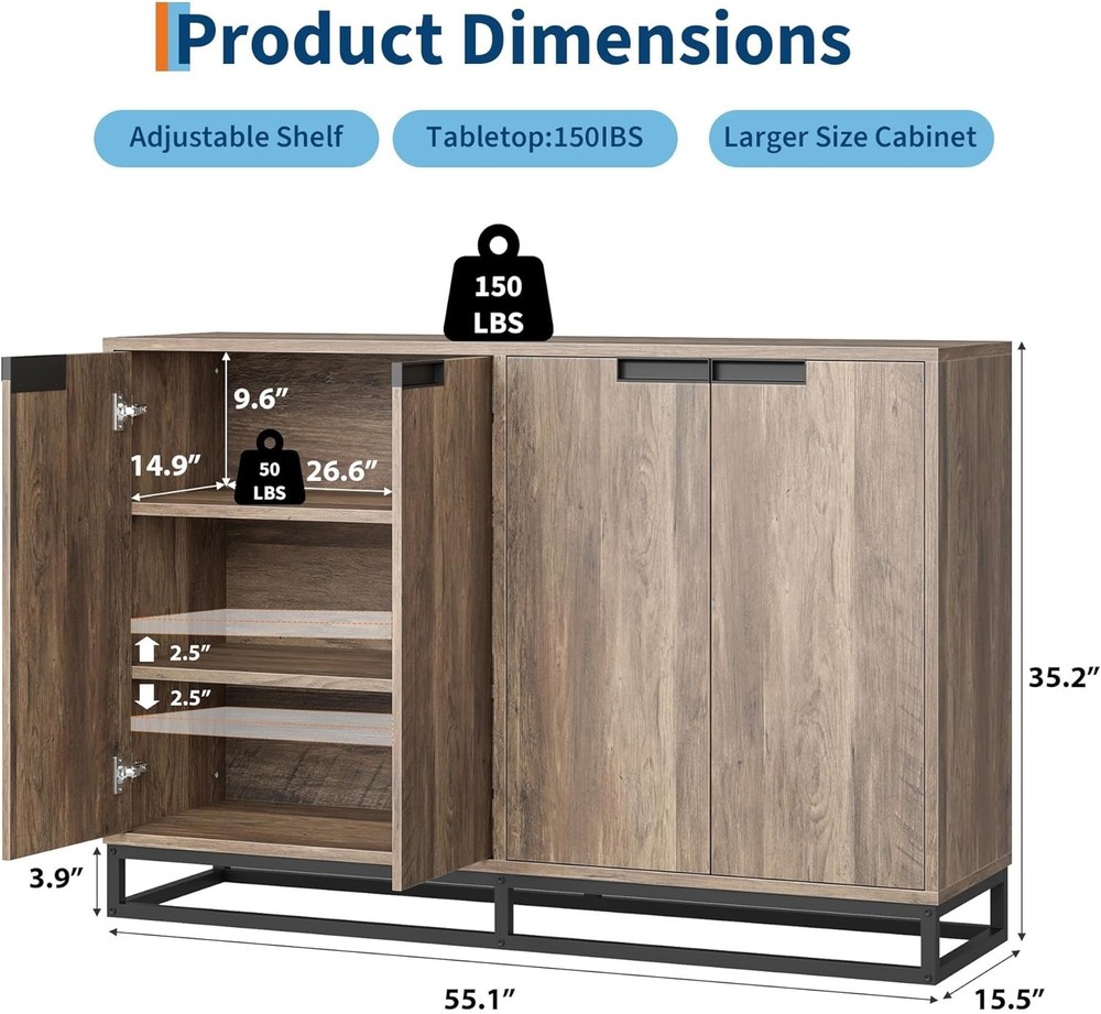 Multi-Function Storage Cabinet, 4 Doors & Adjustable Shelves, All-in-1 Storage