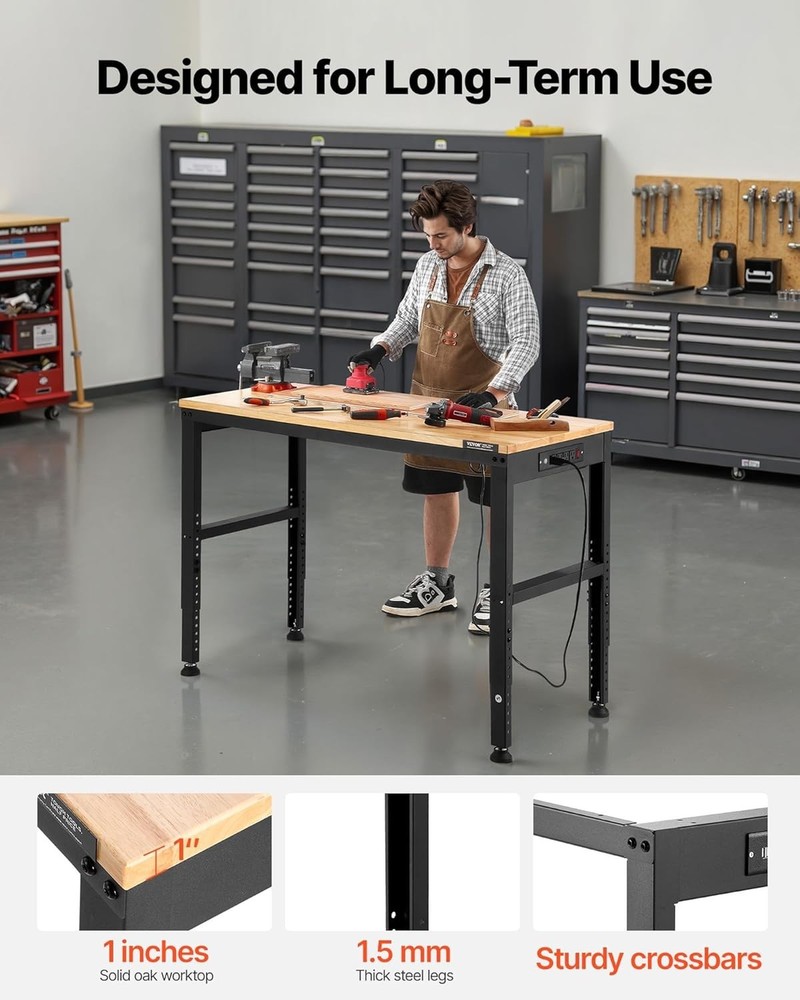 Durable 2000 lbs Capacity Adjustable Workbench - 48x20 Inch with Power Solutions