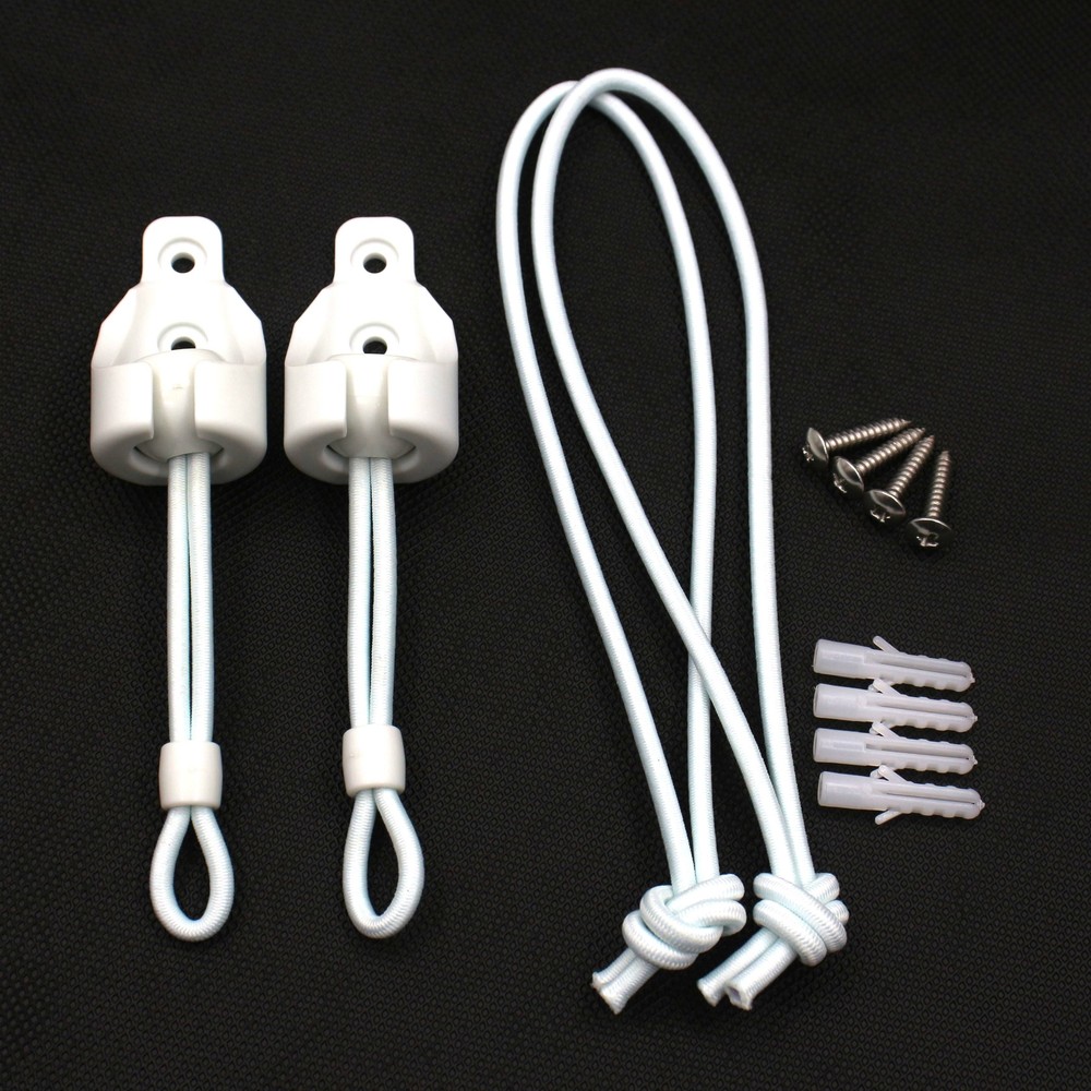 Exterior roller shade bungee tie downs with Circle receiver bungee cords white