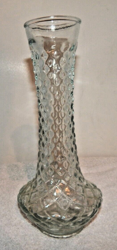 Vintage Clear Glass Vase 9” Quilted/ Diamond Pattern