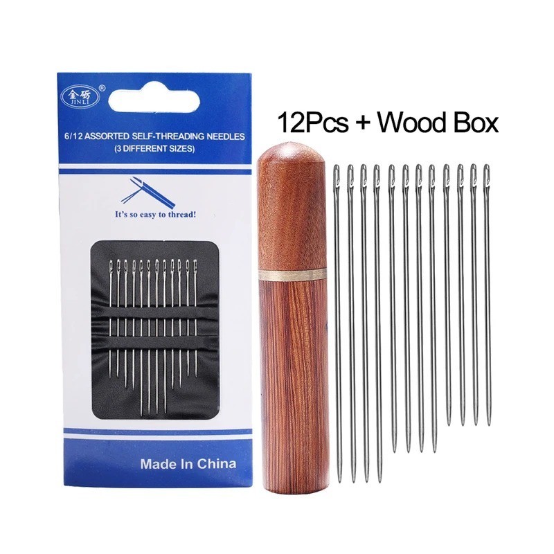 12Pcs Silver Sewing Needles with Brown Storage Box Hand Stitching Tool Kits