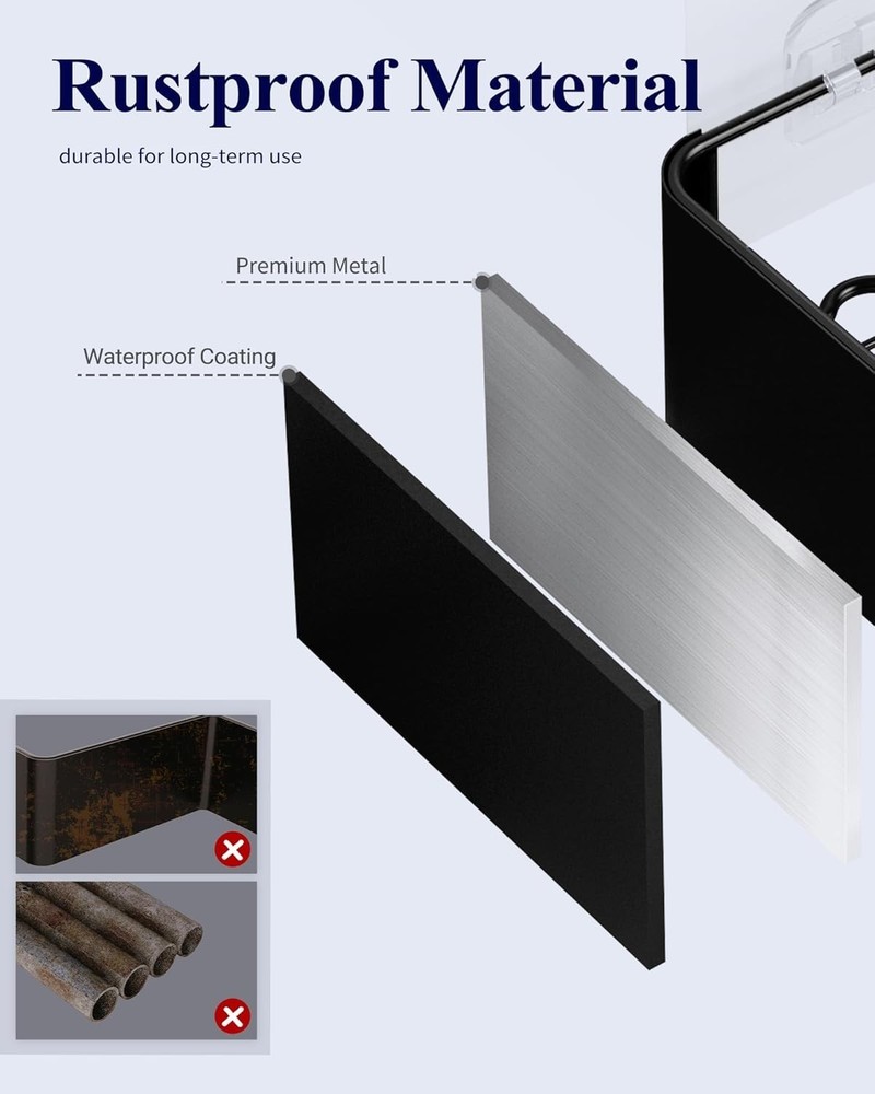 Easy Installation Shower Shelves - 2 Pack Rustproof Black Caddies with Adhesive