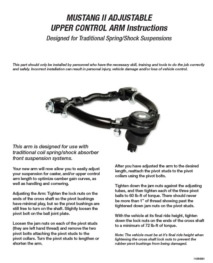 MUSTANG 2 FULLY ADJUSTABLE IFS UPPER TUBULAR CONTROL ARMS CPP MORE CAMBER/CASTER