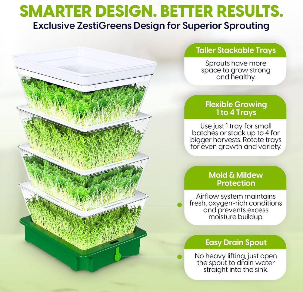 Seed Sprouter 4 Tier Stackable Soil Free Sprouting System with Drain Spout