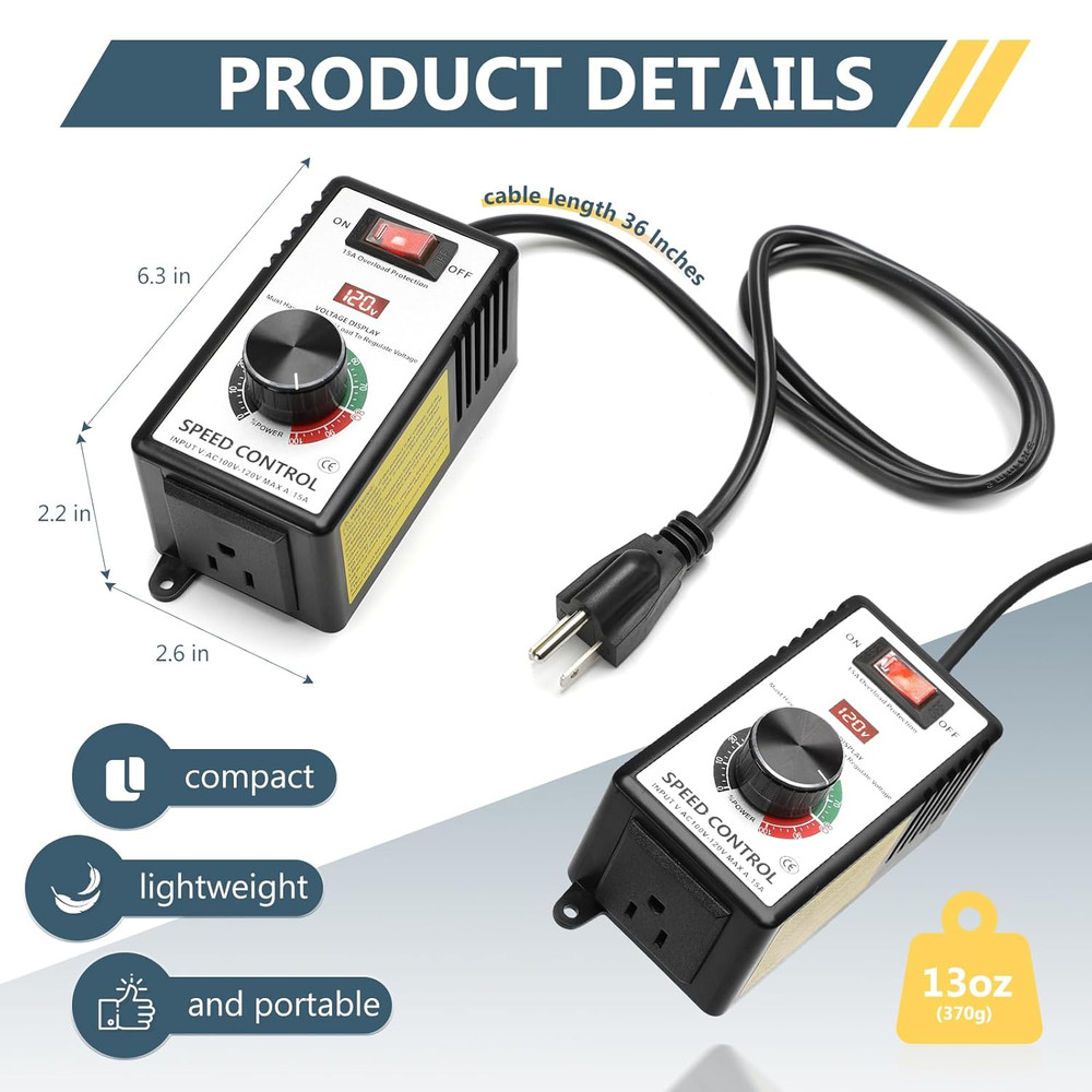 AC Motor Speed Controller 100V-120V 15A Max Variable Fan Speed Controller Motors