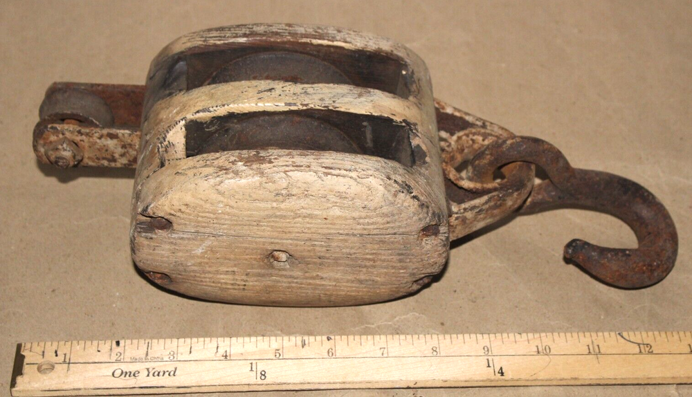 Rustic Vintage Wood and Iron Claw Pulley