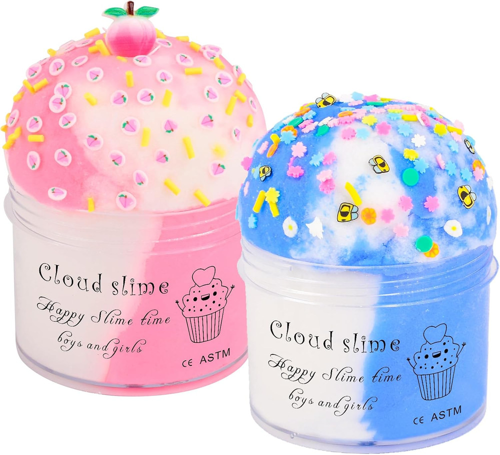 2 Pack Cloud Slime Kit with Blue Cake and Pink Charms, Scented DIY Slime Supplie