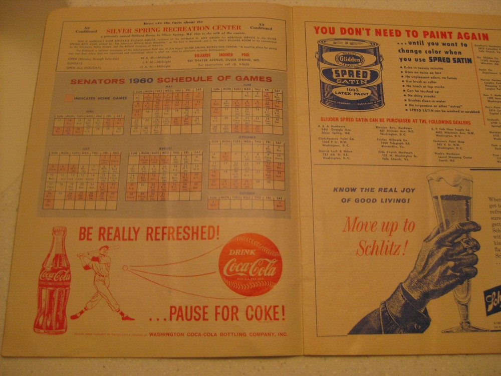 1960 Washington Senators Official Souvenir Scorecard