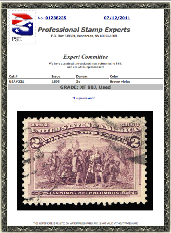#231 Used, 2 cent Columbian PSE Graded 90J-Jumbo, PSE Cert # 01238235