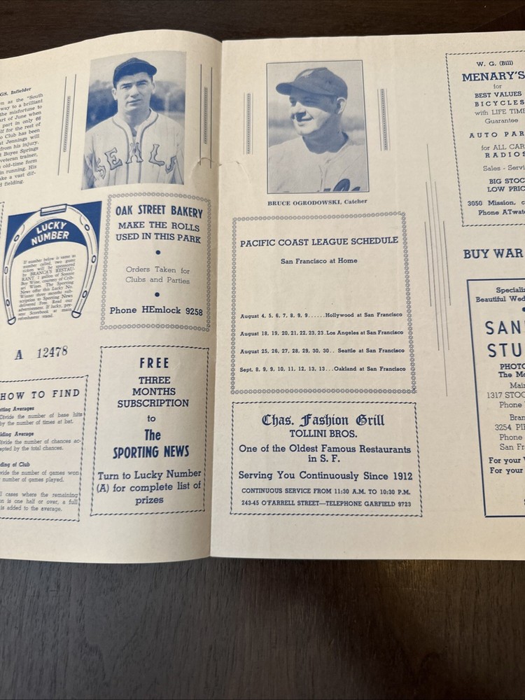 1942 Program Sam Francisco Seals vs Hollywood Stars Scored