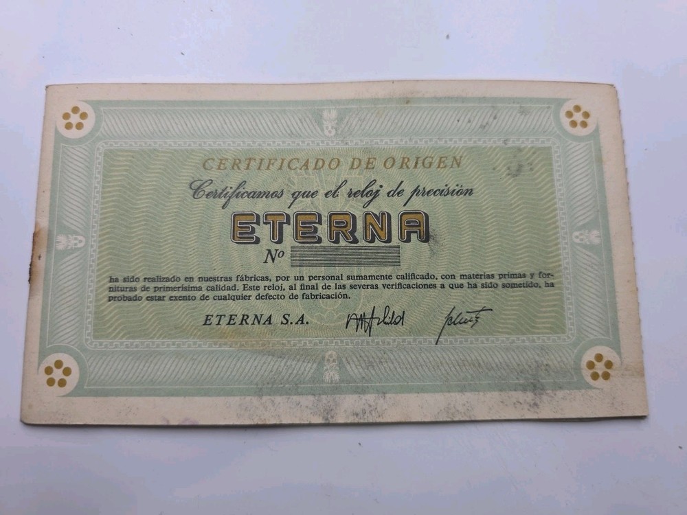 Original Vintage ETERNA Open Guarantee / Blank Certificate  Ca 1960’s
