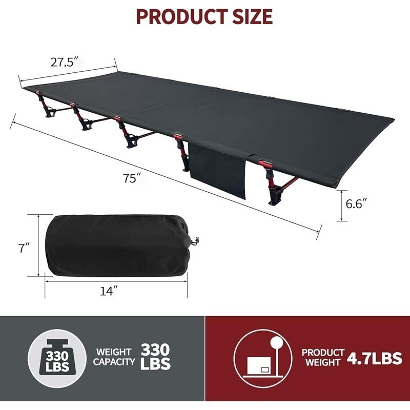 Portable Folding Camping Cot Lightweight Outdoor Bed 330lbs Capacity Easy Setup