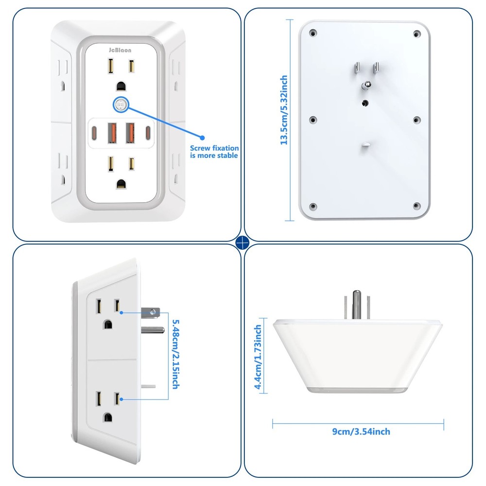 US Power Strip 6 AC Outlets 4 USB 2 Type C Fast Charging Surge Protector