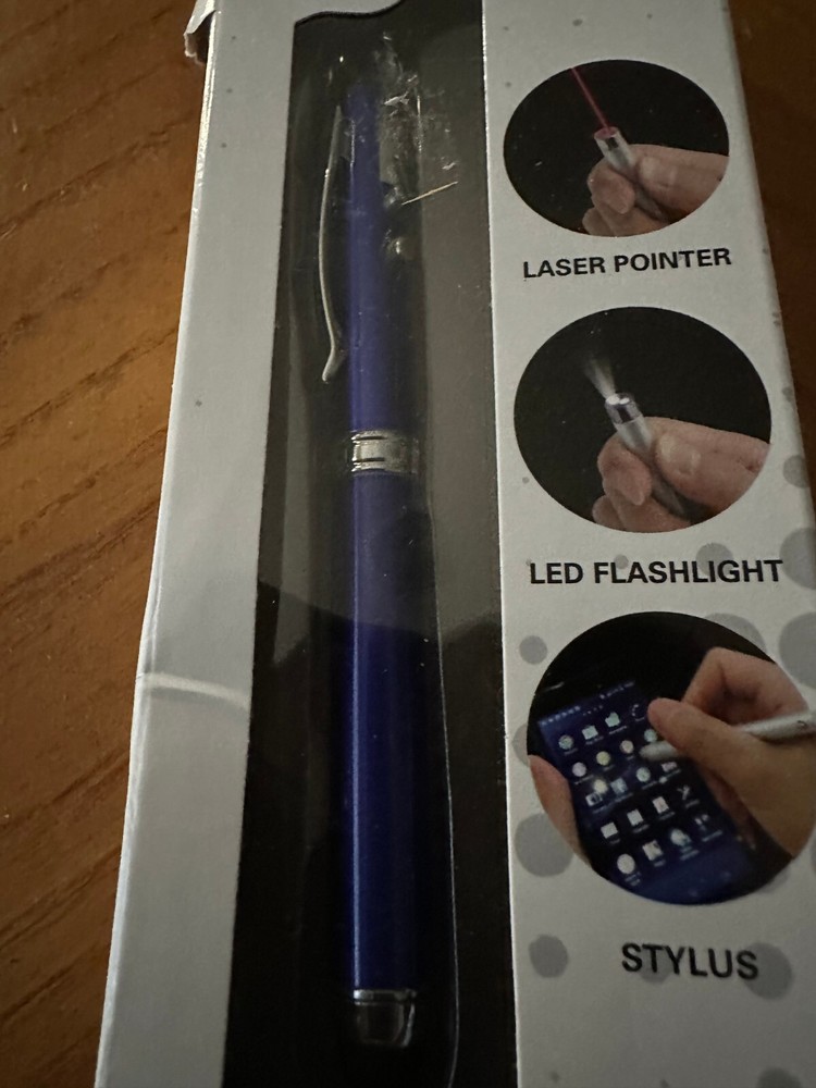 Blue Three In One Flashlight, Laser, And Stylus