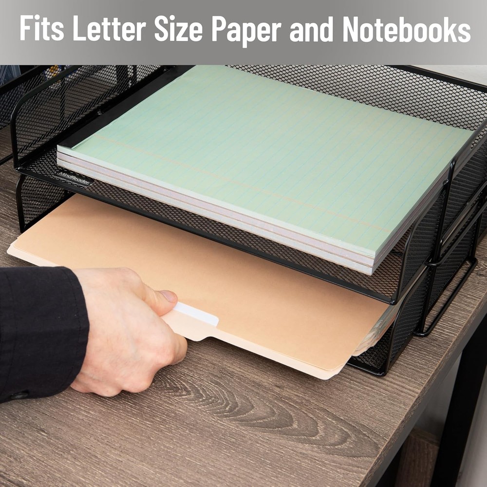 Stackable Paper Tray, Desktop Organizer, File Storage, Metal Mesh, 2 Pcs., Black