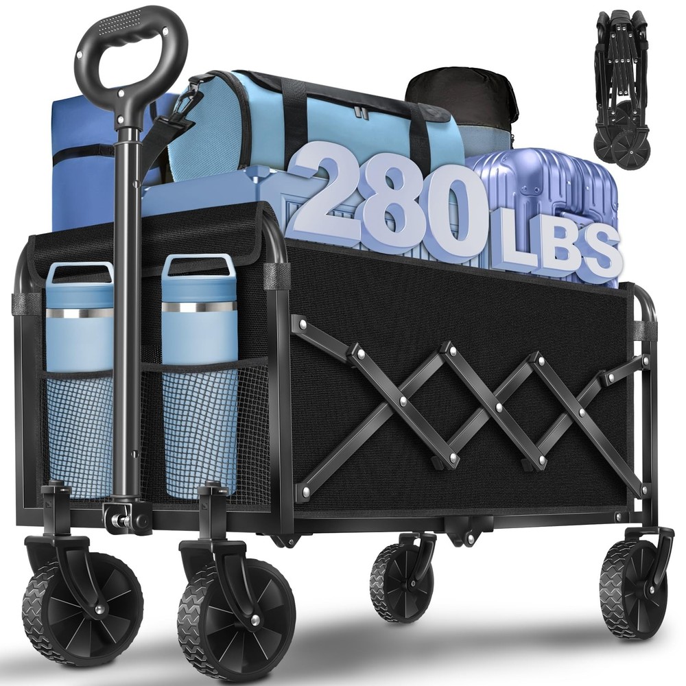 Wagons Carts Foldable, 280 Lbs with Adjustable Handle, Black Lightweight Port...
