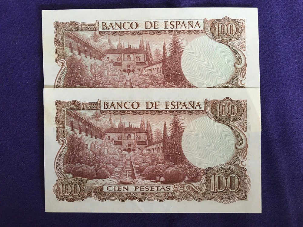 SPAIN (2 SEQUENTIAL) 1970 100 PESETA NOTES