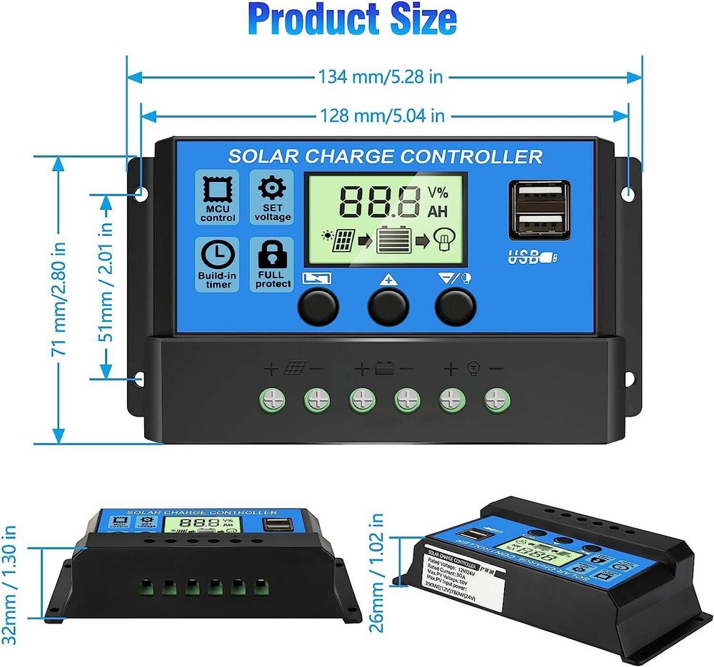 30A Solar Panel Battery Charge Controller 12V/24V LCD Regulator Auto Dual USB US