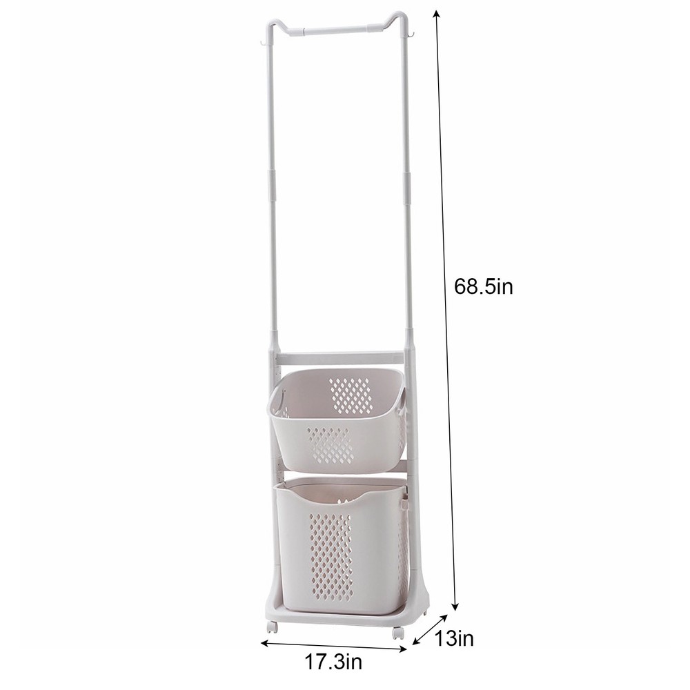2-Tier Laundry Hamper Sorter with Hanging Bar, Rolling Laundry Baskets with Whee