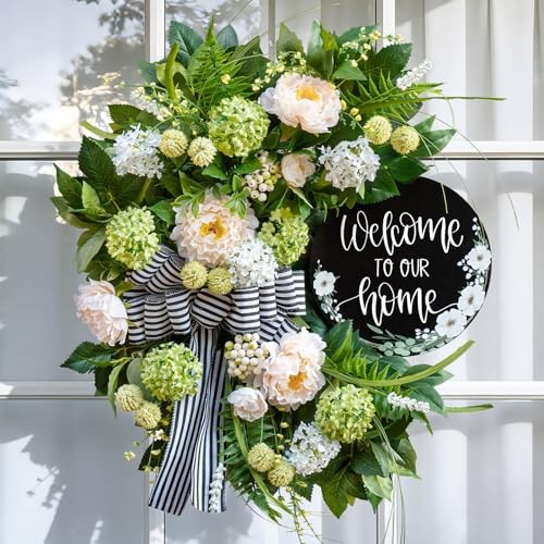 Spring Summer Wreaths for Front Door, Half Circle Summer Wreath with Hydrangea