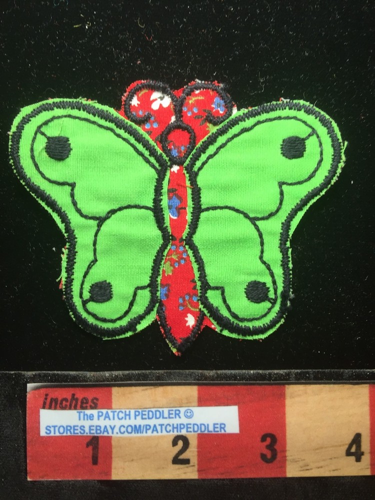 Vtg GREEN & RED BUTTERFLY Patch 63Z9
