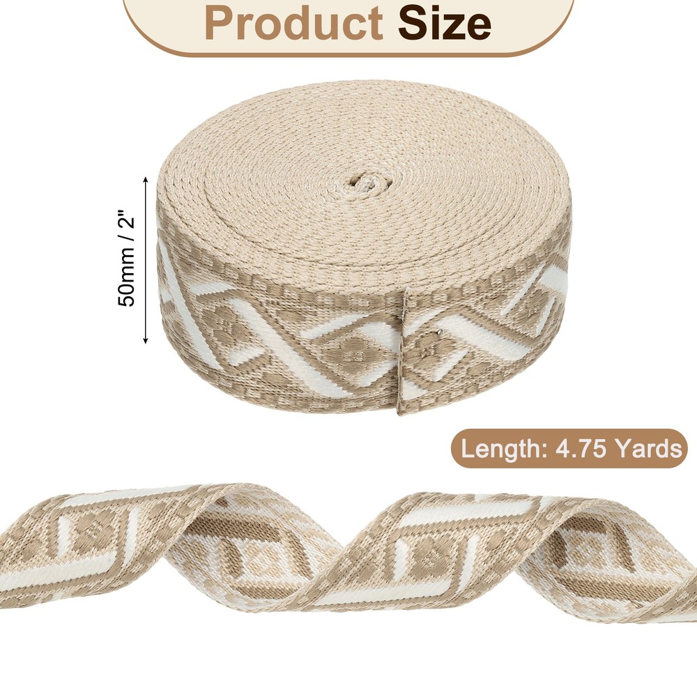 4.75Yards Cotton Webbing Strap 50mm Jacquard Webbing Strap, Khaki-Brown