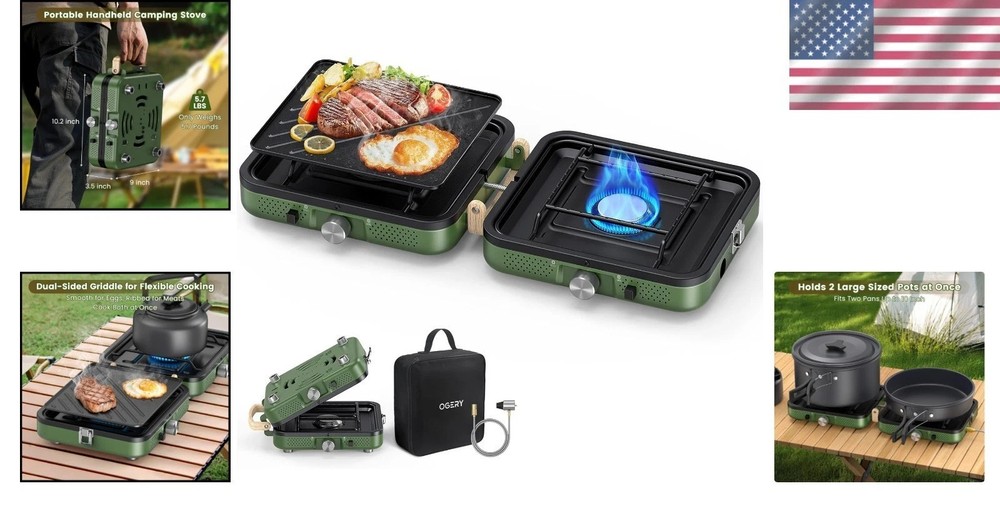 Versatile 2-Burner Foldable Camping Stove with Dual Griddle – Compact & Portable