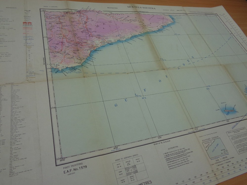 WW2 "RESTRICTED" map "MUKALLA - SOCOTRA" - FIRST PRINTING - VERY LOW PRINT RUN