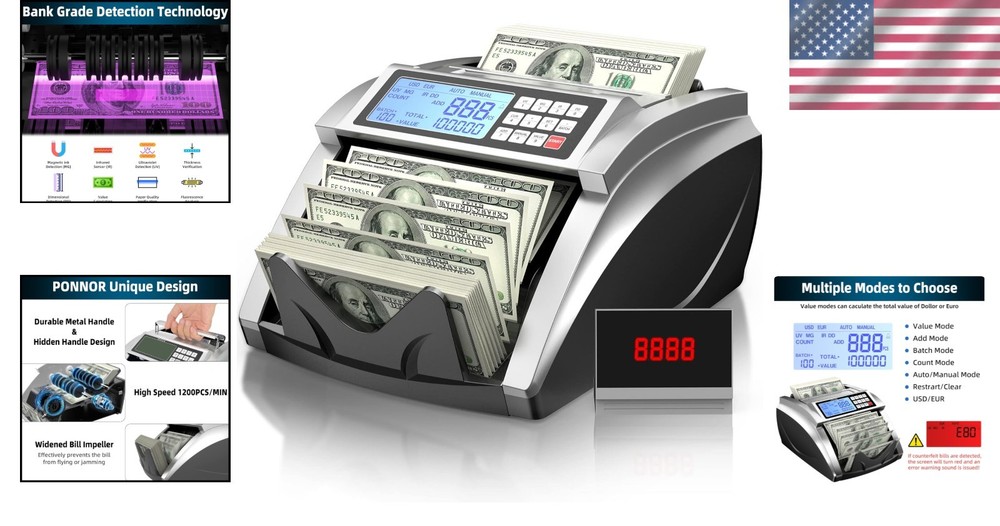 USD/EUR Bill Counter Machine with 4 Detection Methods
