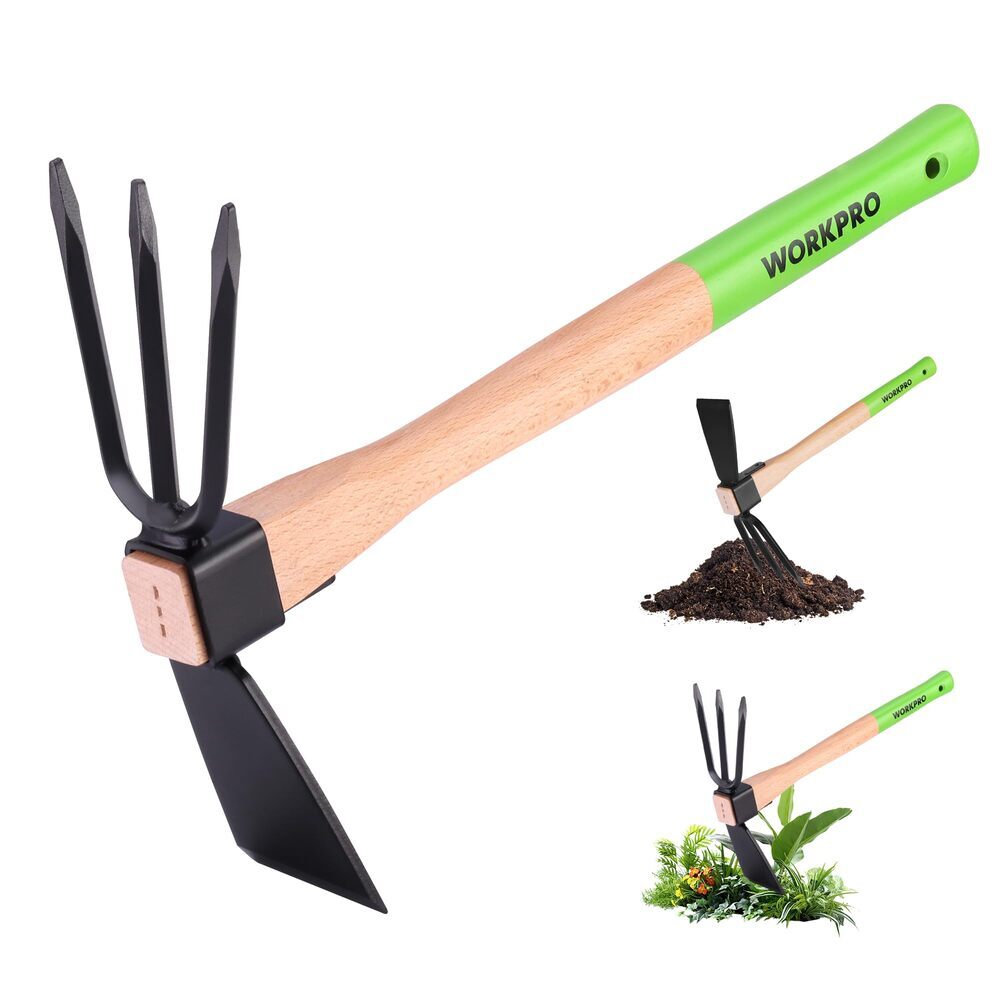 WORKPRO Hoe and Cultivator Garden Rake with 14" Wooden Handle Tools for Digging