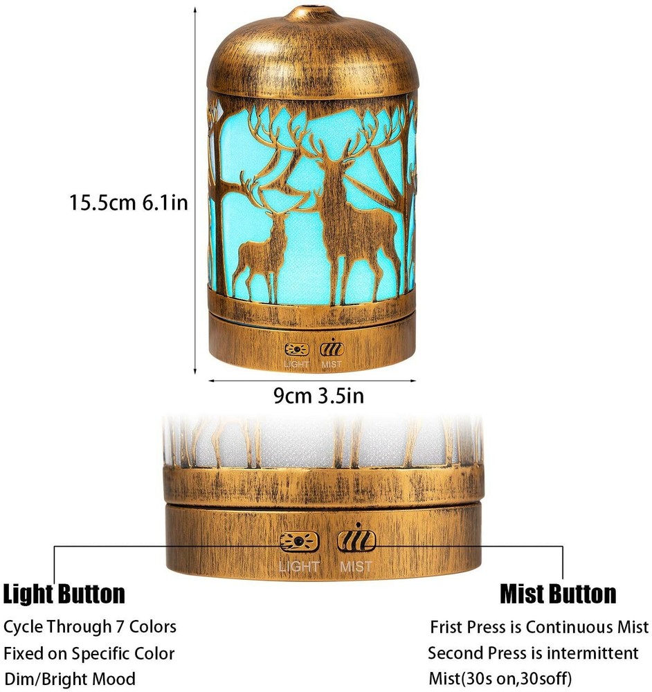 Befano Essential Oil Diffuser, Metal Deer Oil Diffuser with 7 Colors Light 200ML