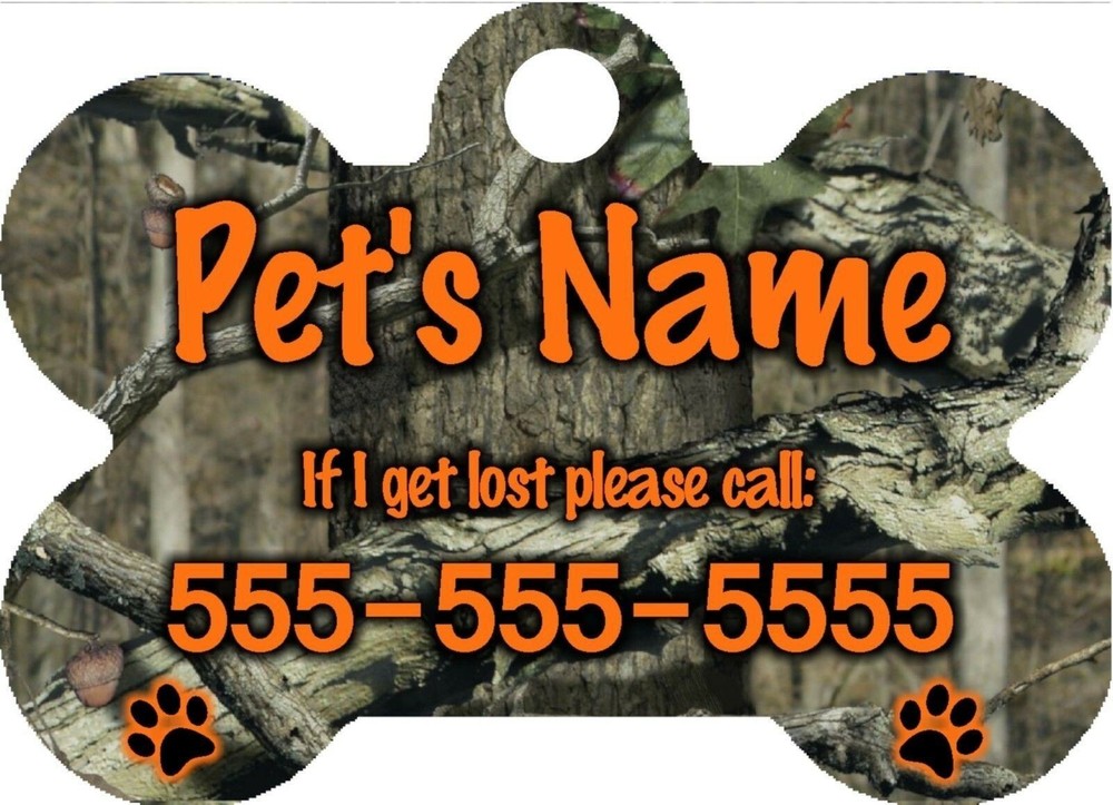 Personalized Custom Pet Tag Bone Shaped Wooded Mossy Oak Tree Forest Background
