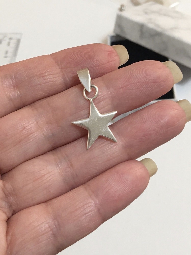 925 Solid Sterling Silver Flat Star Charm Pendant Large Loop Fits Thick Chains