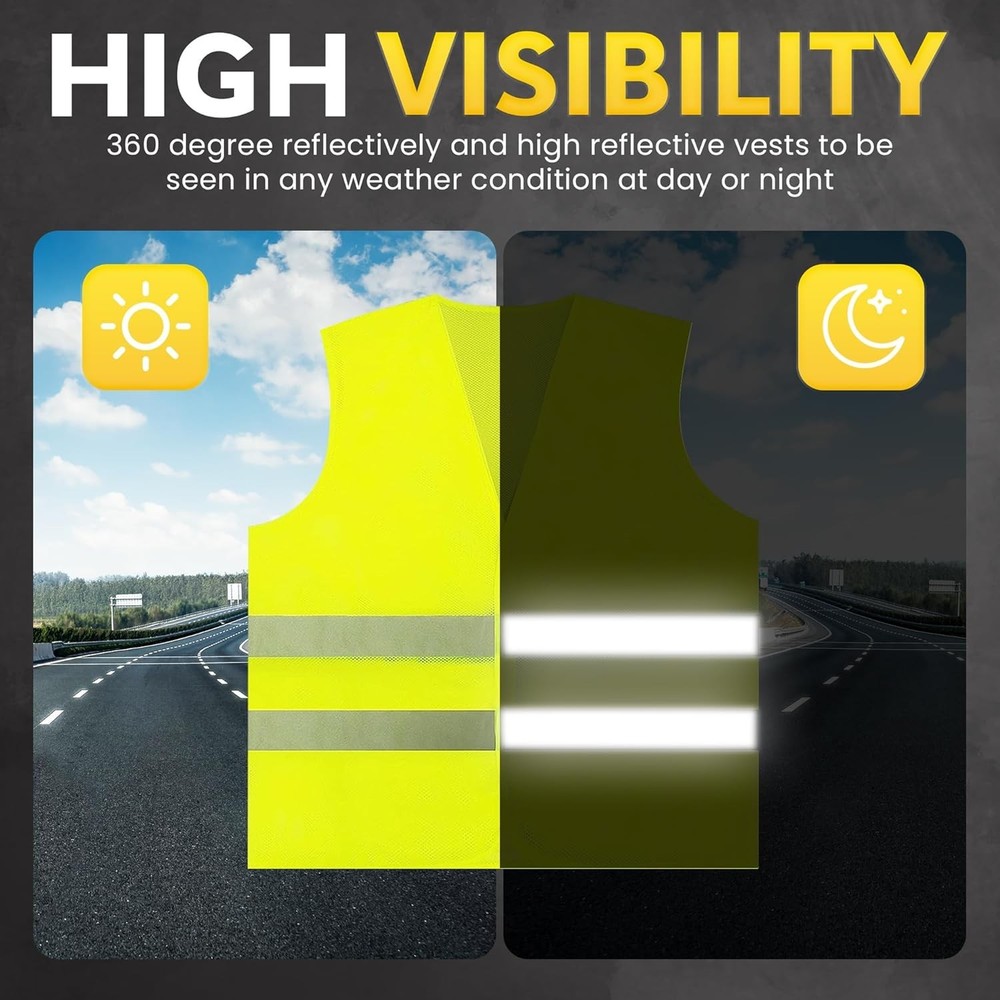 Hi Vis Yellow Safety Vests 10-Pack - Reflective Silver