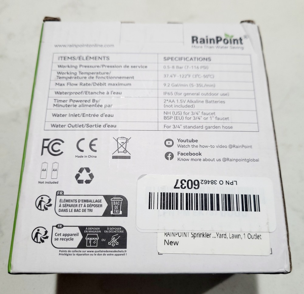 NEW RainPoint Programmable 1 Zone Water Timer Model Number ITV105 OPEN BOX