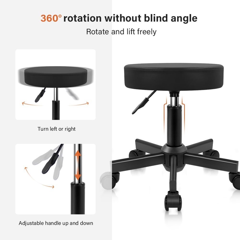 Round Stool Rolling Stools PU Leather Height Adjustable Stool with Wheels Swi...