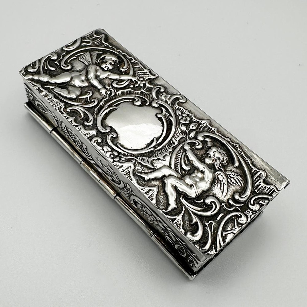 GERMAN DUAL DOUBLE COMPARTMENT 800 SILVER STAMP BOX EMBOSSED CHERUBS c1900
