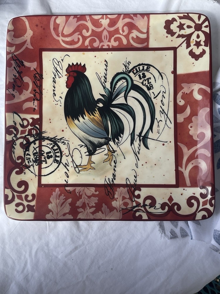 Certified International Rooster Multicolor Ceramic Square Dinner Set Plates & B…