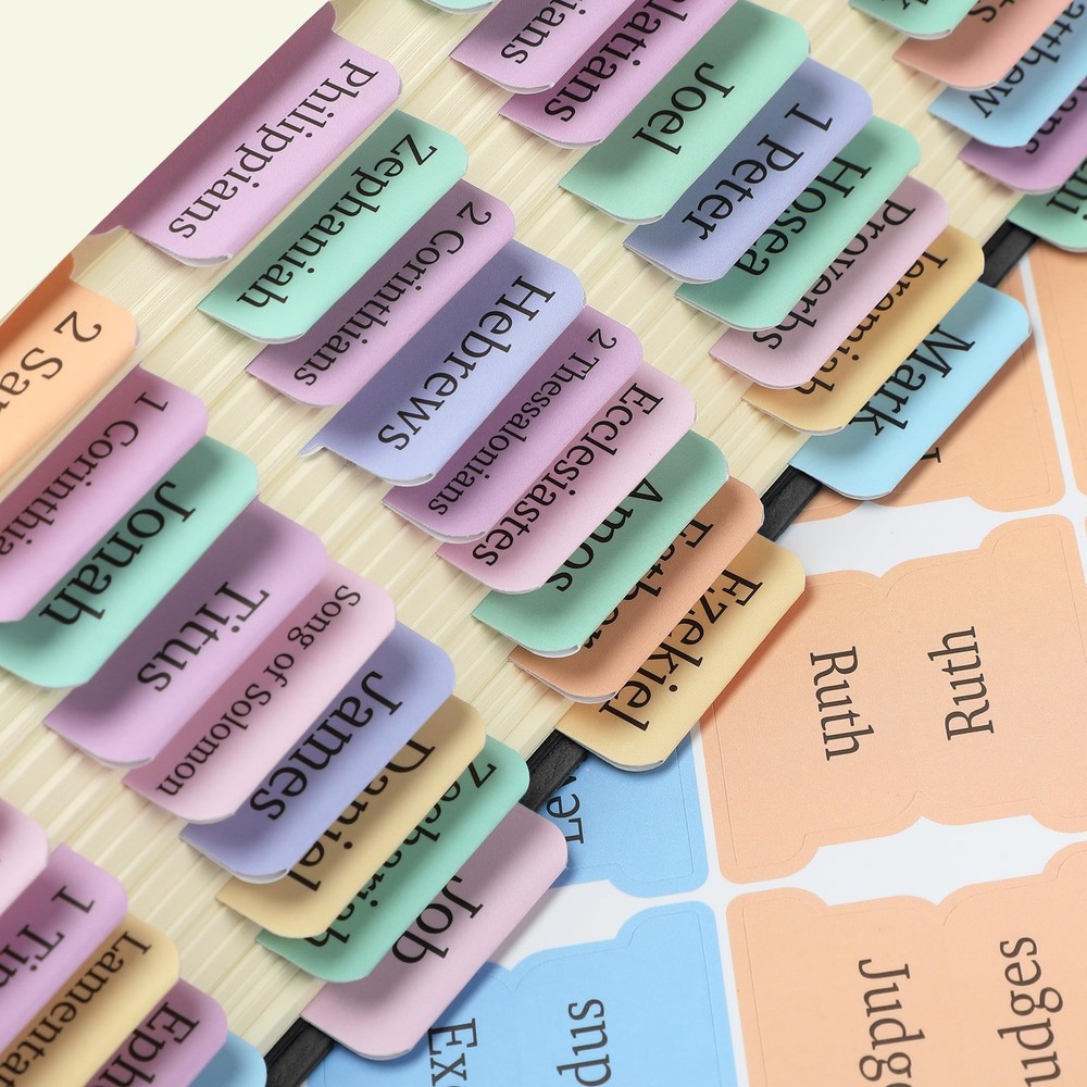 Laminated Bible Tabs with ColorCoded Content Stickers, 75 pcs, Large Print I...