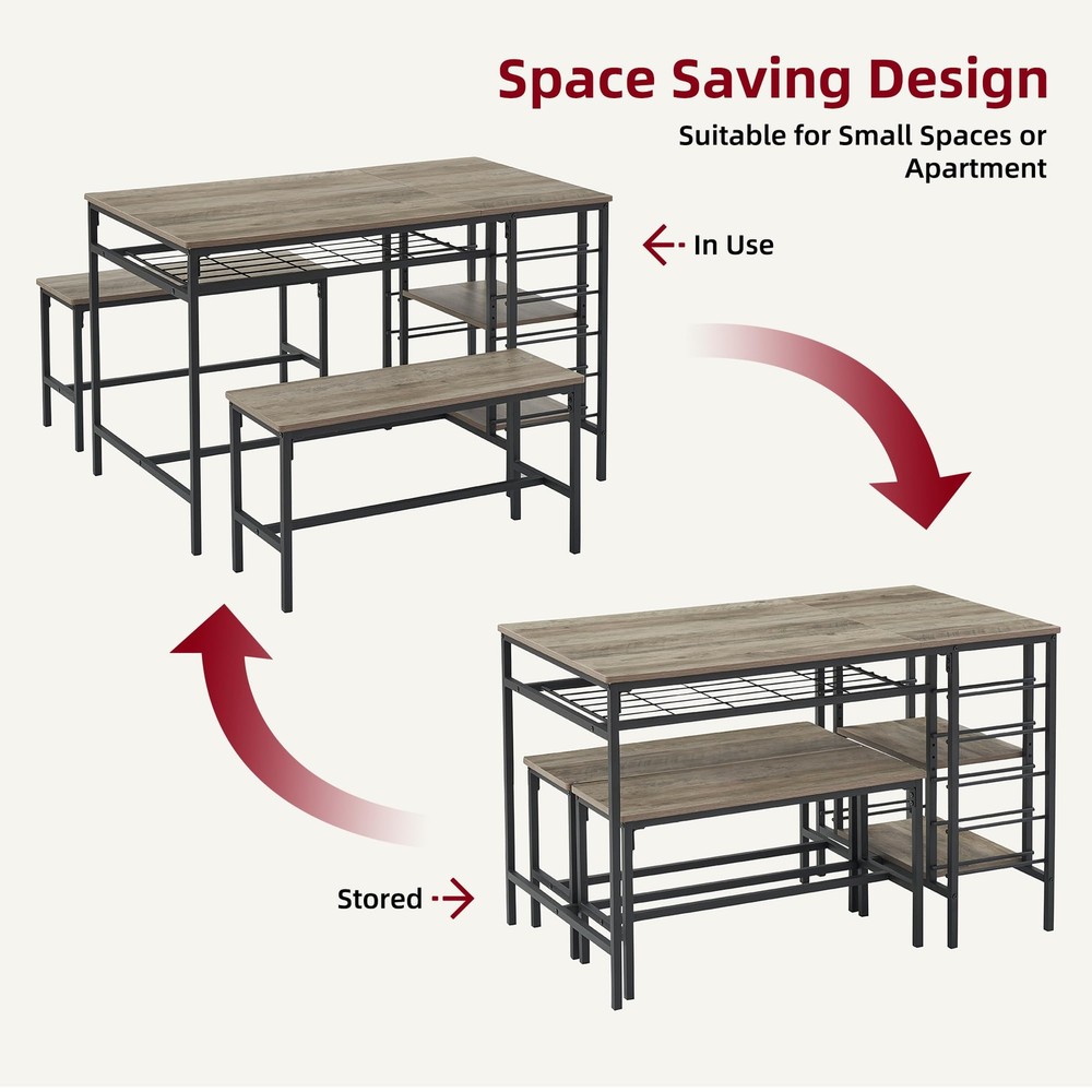 Dining Table Set for 4 Kitchen Table & 2 Benches ,Wine Rack, Storage Shelf ,Grey