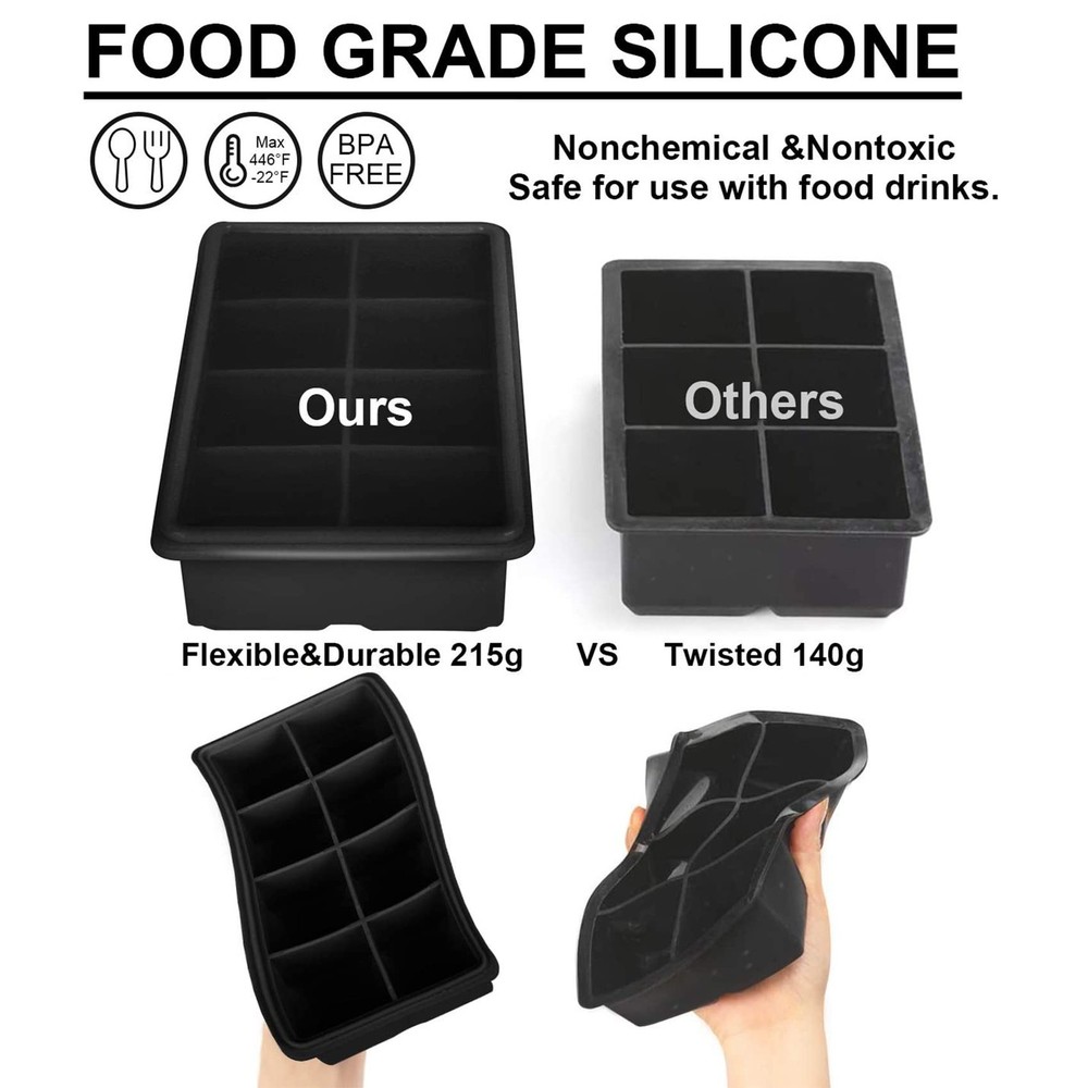 LessMo Ice Cube Tray with Lid - 2 Pack Large Silicone Large, Black