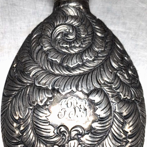 Beautiful Antique Silver (Unknown) Flask 5" x 3"x 1", No Marks, Initials, 4.43oz