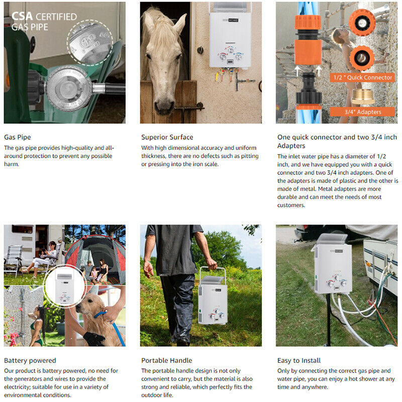 Portable 1.6GMP Propane Gas 6L Water Heater Tankless Instant Boiler Outdoor RV