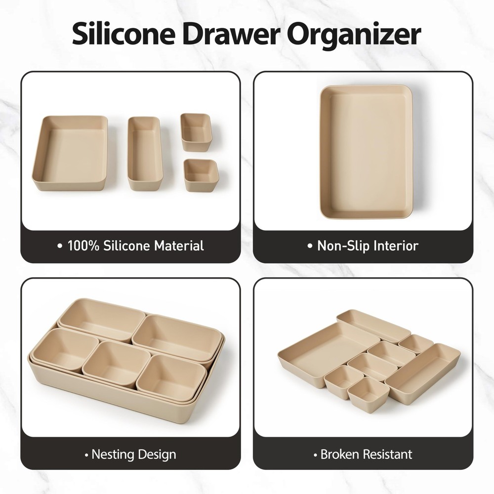 ISSEVE 8Pcs Nesting Silicone Drawer Organizer Trays, 4 Size Versatile Vanity ...
