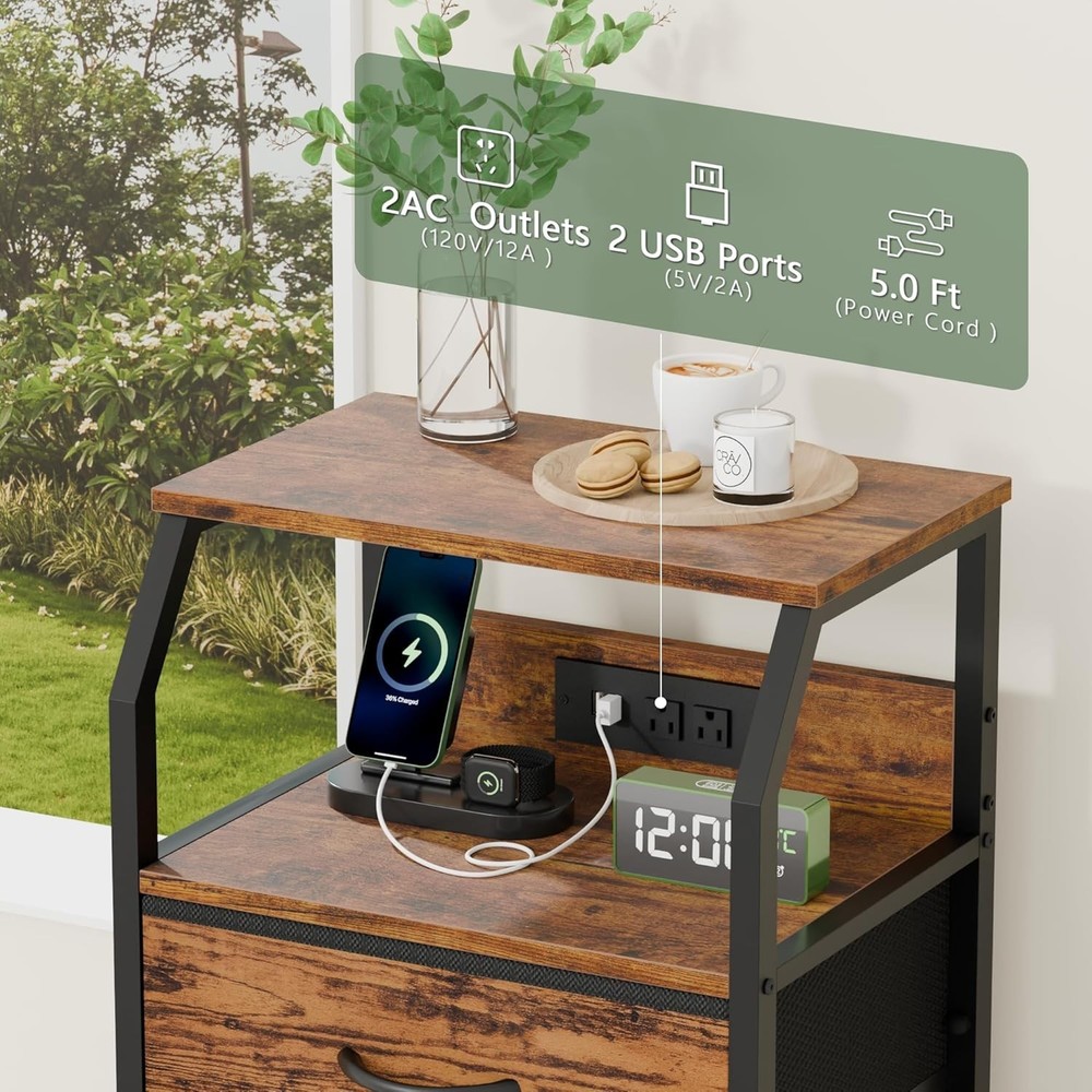 Functional Night Stand with Fabric Drawers & Charging Station, Rustic Brown