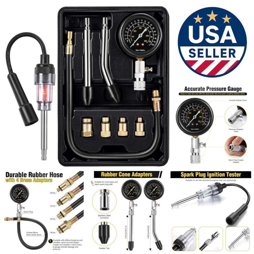 Versatile 9-Piece Automotive Testing Kit: Compression Gauge & Spark Plug Tester
