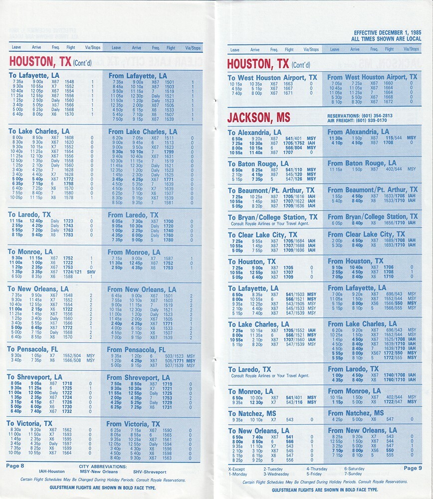 Royale Airlines timetable 1985/12/01