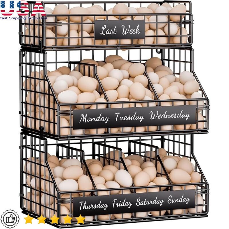 3 Tier Stackable Egg Organizer W/ Dividers Labels Fresh Egg Storage Countertop