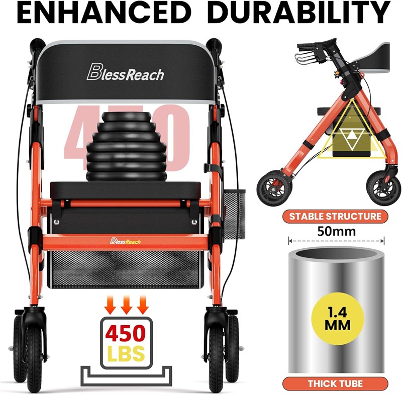 Foldable Rollator Walker 450 lb Capacity w/ 18" Seat & 8" Wheel Rolling Walker
